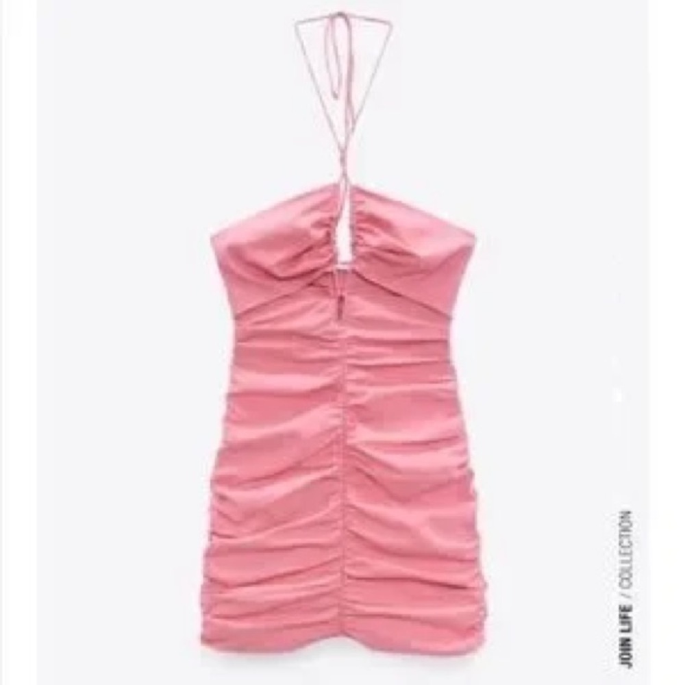 Zara Pink Cut Out Mini Dress Ruched - Picture 2 of 8